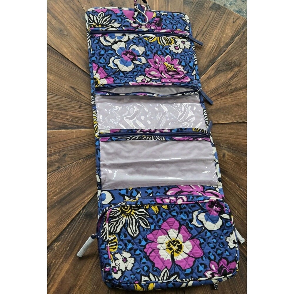 Vera Bradley Hanging Folding Makeup Bag Blue Floral Pink w/ Clear Zip Pockets